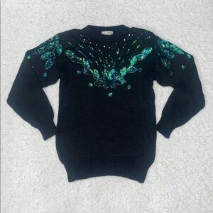 Hollywood & Vine Vintage 90s Sequin Rhinestone Beaded Knit Sweater Black Green S
